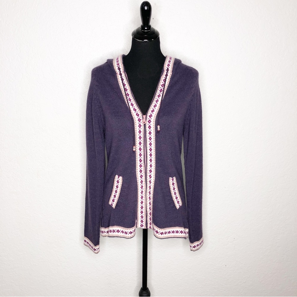 Alpaca Imports Peru purple white trim full zip hooded sweater size Large